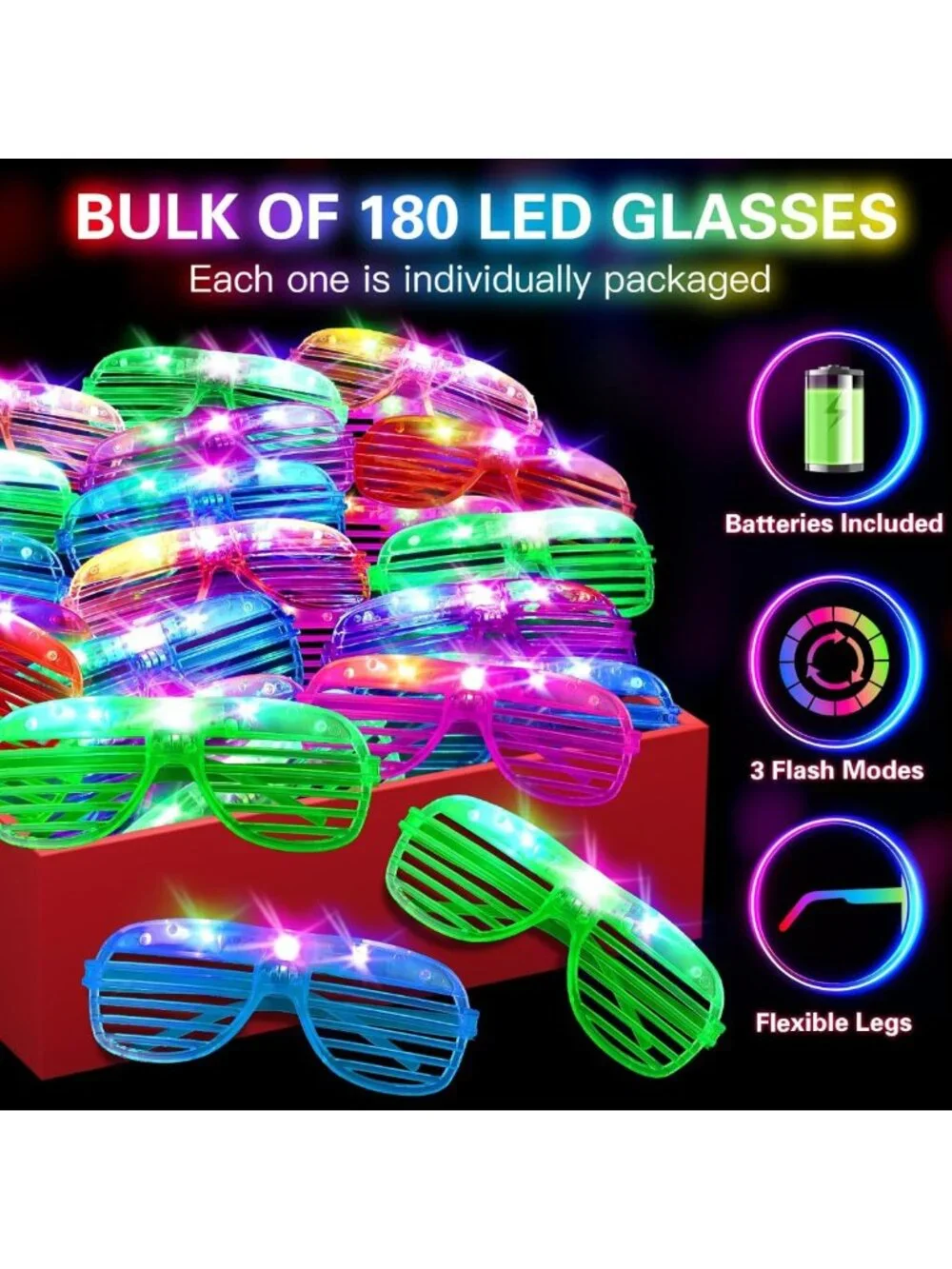 180 PCS Glow in the Dark LED Glasses - Fun Party Supplies for Kids & Adults